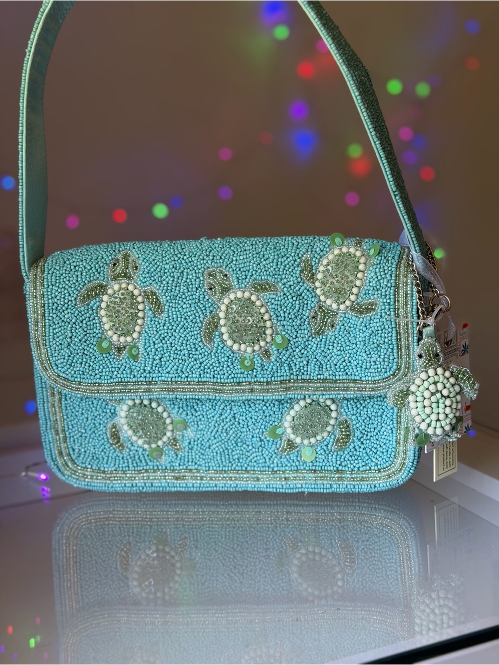 Viral India Sea Turtle Beaded Bag charm Blue Aqua Green nautical beach summer
